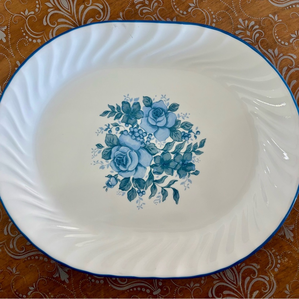 Vintage Corelle Blue Velvet Rose Floral Oval Serving Platter